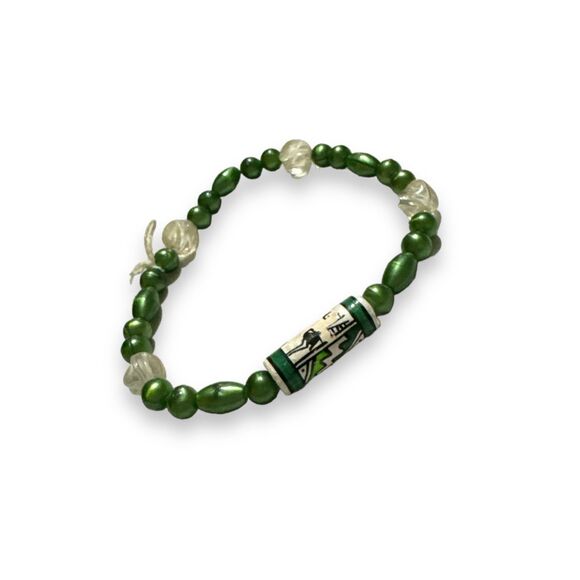 Women's Green Beaded Handmade Native American Art Bracelet Boho Western Navajo - Picture 4 of 5